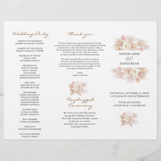 White Floral Pampas Grass Tri+Fold Wedding Program Flyer (Voorkant)