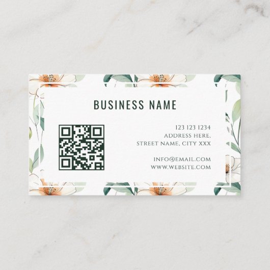 White Floral Pattern Green Greenery QR Code Visitekaartje (Achterkant)