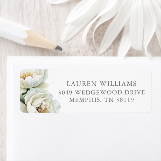 White Floral Peonies Personalized Etiket (Insitu)