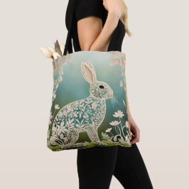 White Floral Rabbit Spring Art Draagtas