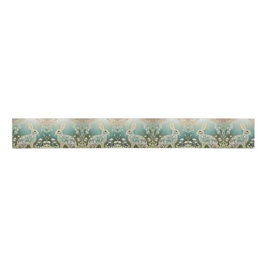 White Floral Rabbit Spring Art Grosgrain Lint (Voorkant)