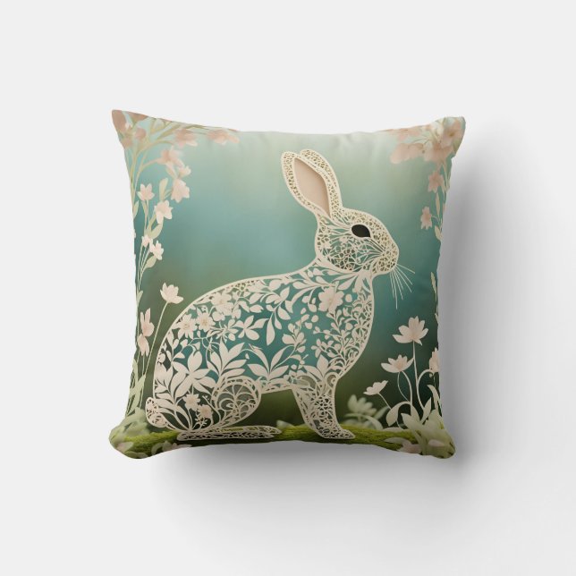 White Floral Rabbit Spring Art Kussen (Voorkant)