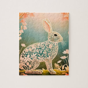 White Floral Rabbit Spring Art Legpuzzel
