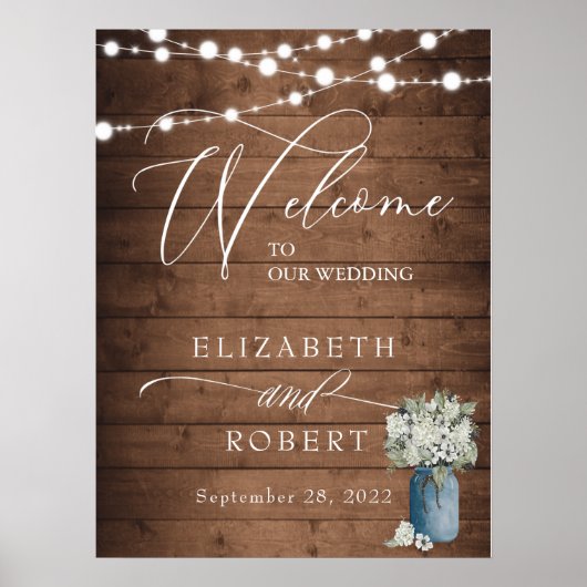 White Floral Rustic Elegant Lights Wooden Wedding Poster (Voorkant)