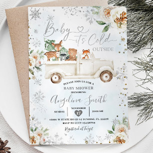 White Floral Silver Snowflake Truck Baby shower Kaart