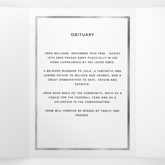 White floral Silver-voudig begrafenisprogramma Drieluik Aankondiging (Binnenkant midden)