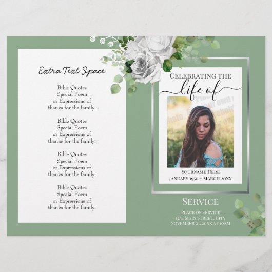 White Floral Simple Photo Funeral Program Budget (Voorkant)