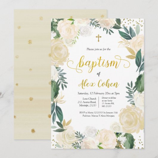 White Floral Spain Baptism Invitation Kaart (Voorkant / Achterkant)
