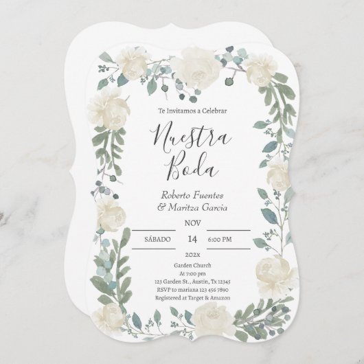 White Floral Spain Wedding Kaart (Voorkant / Achterkant)