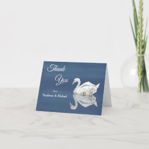 White Floral Swan op Blue Wedding Bedankkaart
