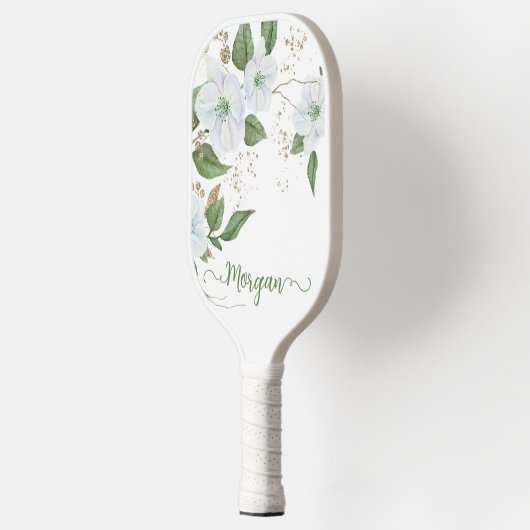 White Floral Waterverf Gold Glitter Script Name Pickleball Paddle (Links)