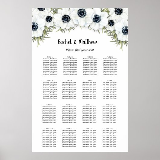 White Floral Wedding 16 Table Seating Chart Poster (Voorkant)
