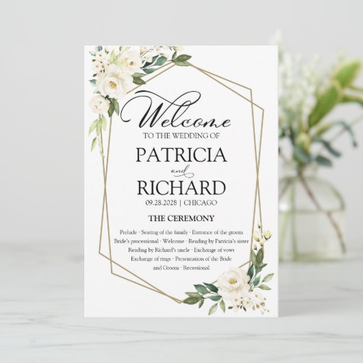 White Floral Wedding Ceremony Program Kaart (Staand voorkant)