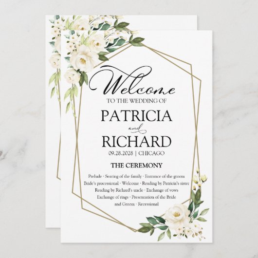 White Floral Wedding Ceremony Program Kaart (Voorkant / Achterkant)
