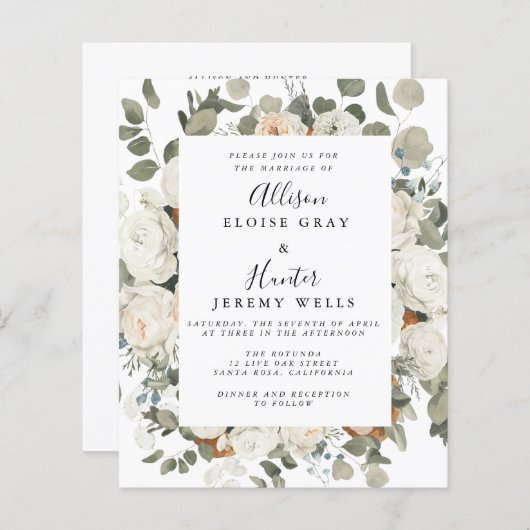 White Floral Wedding Invitation (Voorkant / Achterkant)