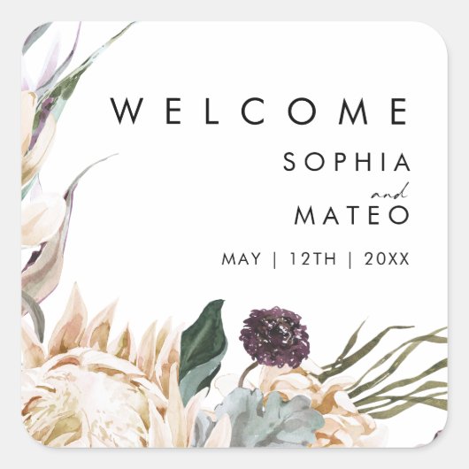 White Floral Wedding Welcome Square stickers (Voorkant)