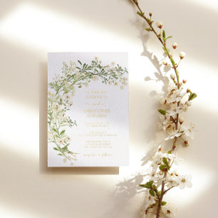 White Floral Wildbloemen Botanical Wedding Gold Folie Uitnodiging