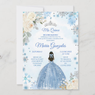 White Floral & Winter Blue Mis Quince Invite Kaart