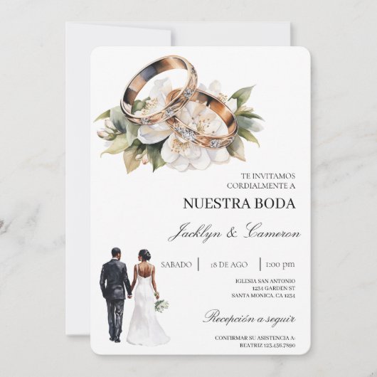 White Floral with ring Spanish Wedding Kaart (Voorkant)
