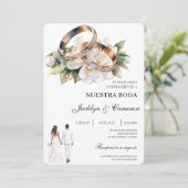 White Floral with ring Spanish Wedding Kaart (Staand voorkant)