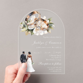 White Floral with ring Wedding Acryl Uitnodigingen