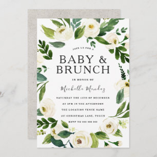 White Floral Wreath Baby shower Brunch Kaart