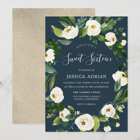 White Floral Wreath Modern Sweet 16 Invitation de (Devant / Derrière)