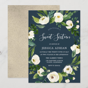 White Floral Wreath Modern Sweet 16 Party Invite Kaart