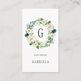 White Floral Wreath Monogram Visitekaartje