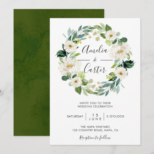 White Floral Wreath Wedding Invitation Kaart (Voorkant / Achterkant)