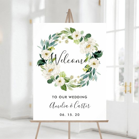 White Floral Wreath Wedding Welcome Sign Poster