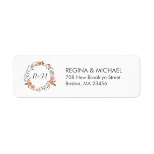 White Floral WreatMonogram Address Label