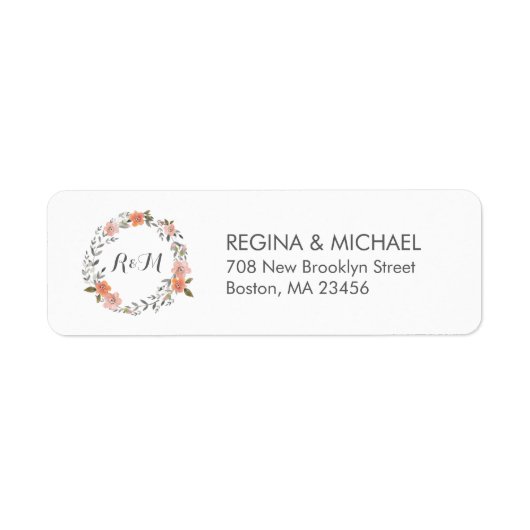 White  Floral WreatMonogram Address Label (Voorkant)