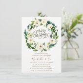 White Floral Wreator Kantoor Family Kerstparty Kaart (Staand voorkant)