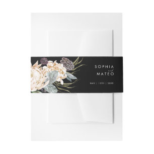 White Floral   Zwarte uitnodiging in Belly Band Uitnodigingen Wikkel