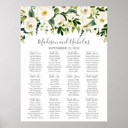 White Flower and Green Wedding Seating Chart Poster (Voorkant)