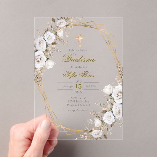 White flower bouquet Baptism in Spanish Invitation (In situ (ordinateur de poche))