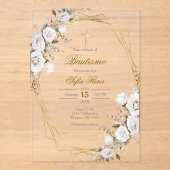 White flower bouquet Baptism in Spanish Invitation (Recto)