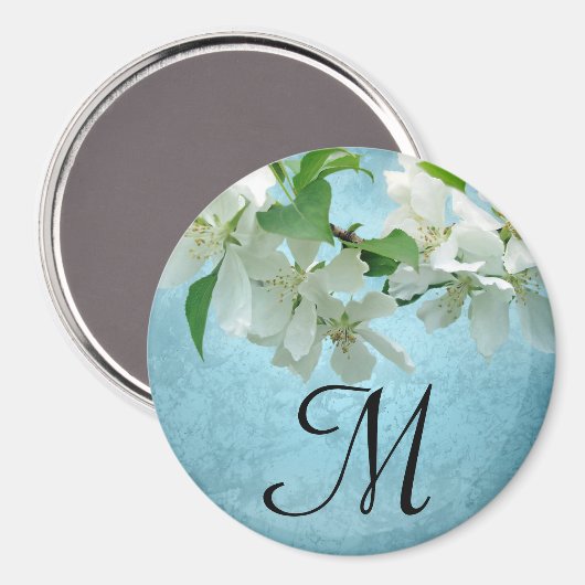 White Flower on Blue Sky Monogram Initiaal Magnet Magneet (Voorkant / Achterkant)