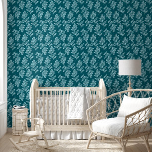 White Flower Pattern Botanical Dark Blauwgroen Blo Behang