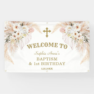 White Flowers 1st Birthday Baptism Welcome Sign Spandoek