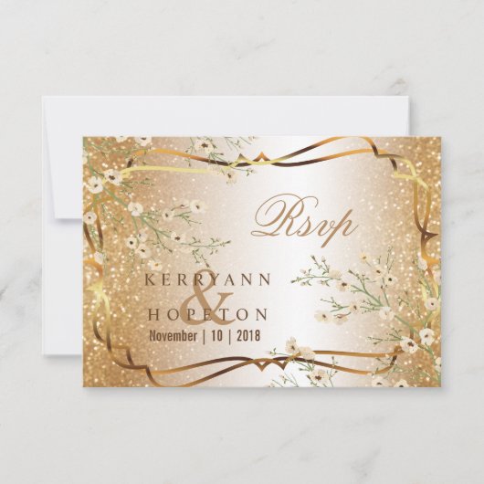 White Flowers and Gold Glitter - RSVP Kaartje (Voorkant)