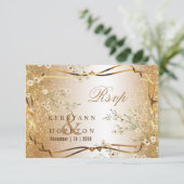 White Flowers and Gold Glitter - RSVP Kaartje (Staand voorkant)