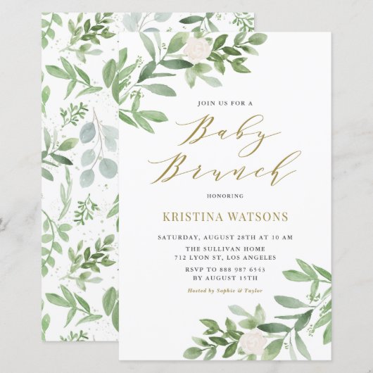 White Flowers and Greenery Baby Brunch Invitation (Voorkant / Achterkant)