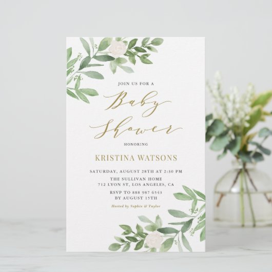 White Flowers and Greenery Baby shower Invitation (Staand voorkant)
