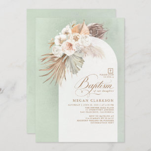 White Flowers and Pampas Grass Boho Baptism Kaart