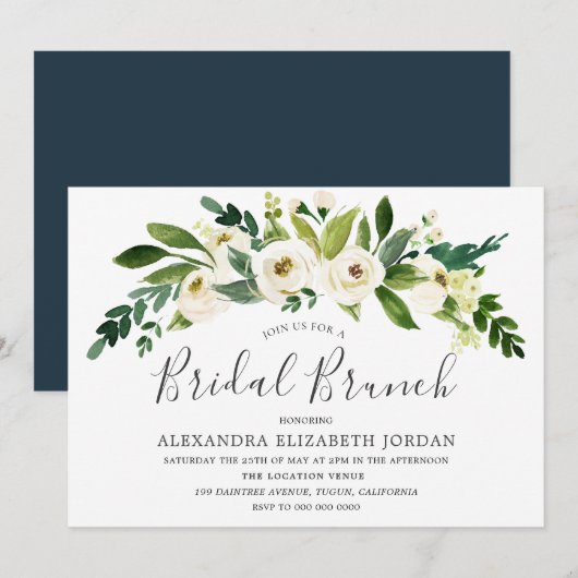 White Flowers Blooming Bridal Brunch Invitation Kaart (Voorkant / Achterkant)