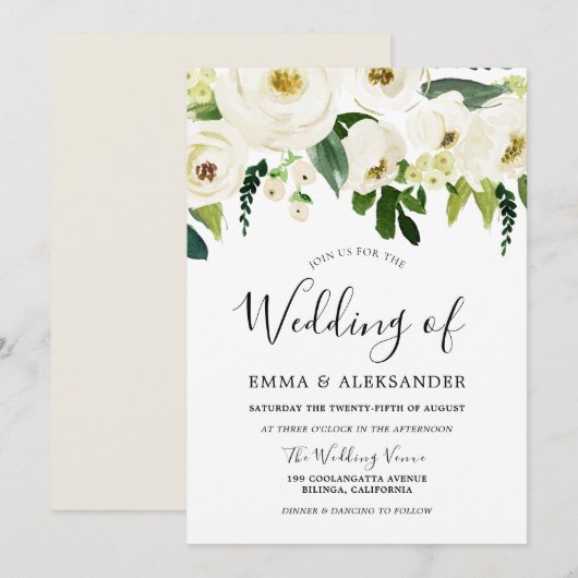 White Flowers & Cream Elegant Wedding Kaart (Voorkant / Achterkant)