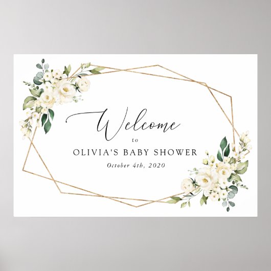 White Flowers, Cream Flowers, Baby shower Welcome Poster (Voorkant)