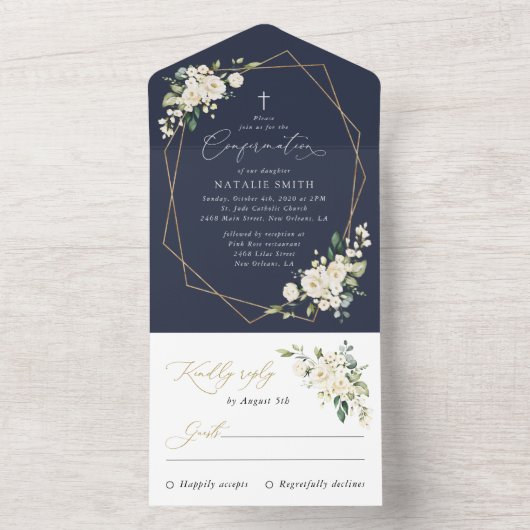 White Flowers, Cream Flowers, Boho, Confirmation All In One Uitnodiging (Binnen)